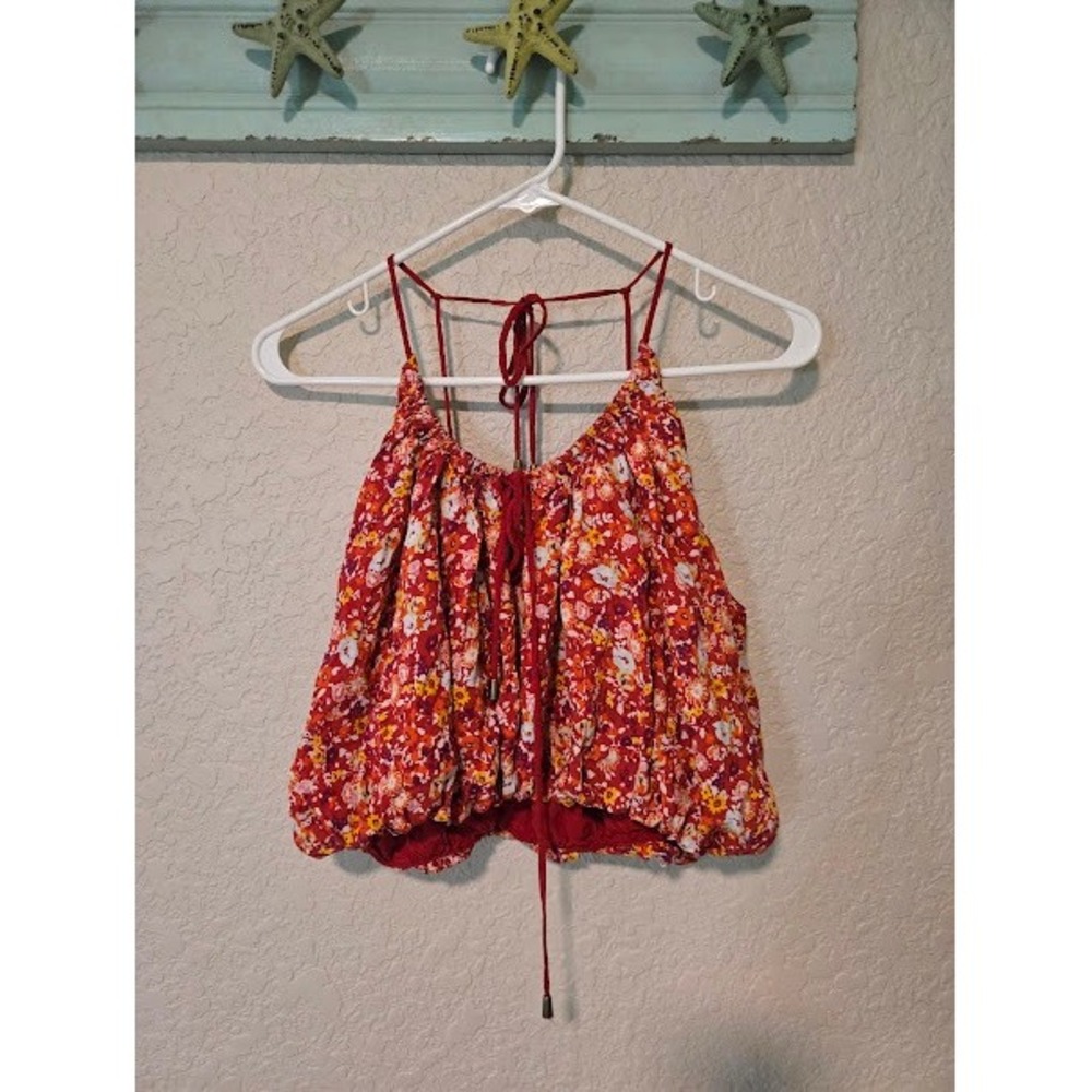 Free People Red Floral Bubble Hem Crop Top XS‎ Boho Strappy Tie Back